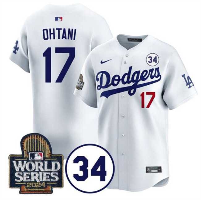 Mens Los Angeles Dodgers #17 Shohei Ohtani White 2024 World Series With No. 34 Patch Limited Stitched Jersey Dzhi